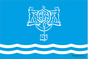 Флаг города Южно-Сахалинск (100x150 см., полиэфирный шелк, прямая печать, прошит по периметру, карман слева)