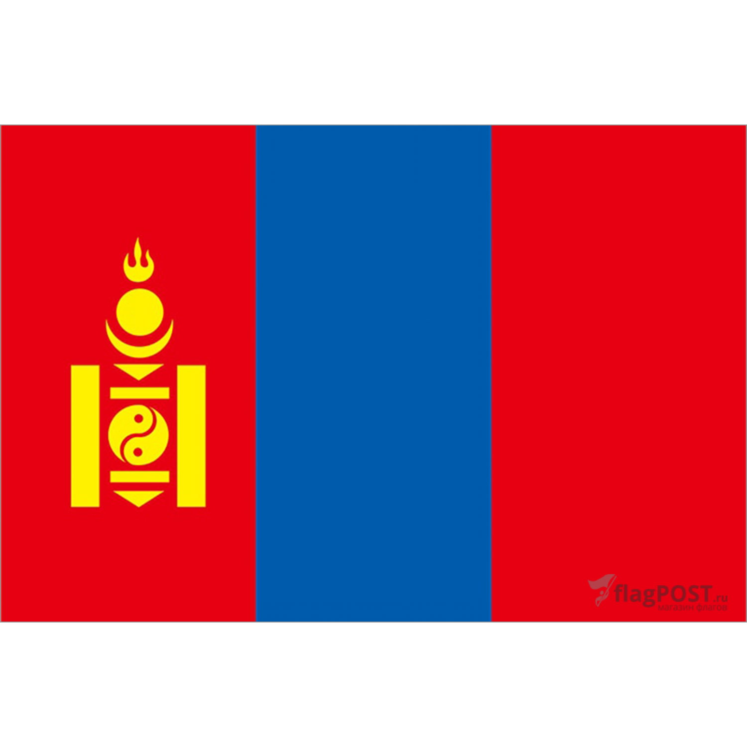 Флаг страны Монголия (100x150 см., полиэфирный шелк, сублимационная печать, прошит по периметру, карман слева)