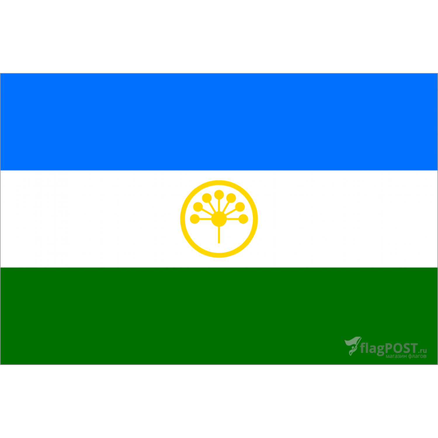 Флаг республики Башкортостан (100x150 см., флажная сетка, прямая печать, прошит по периметру, карман слева)